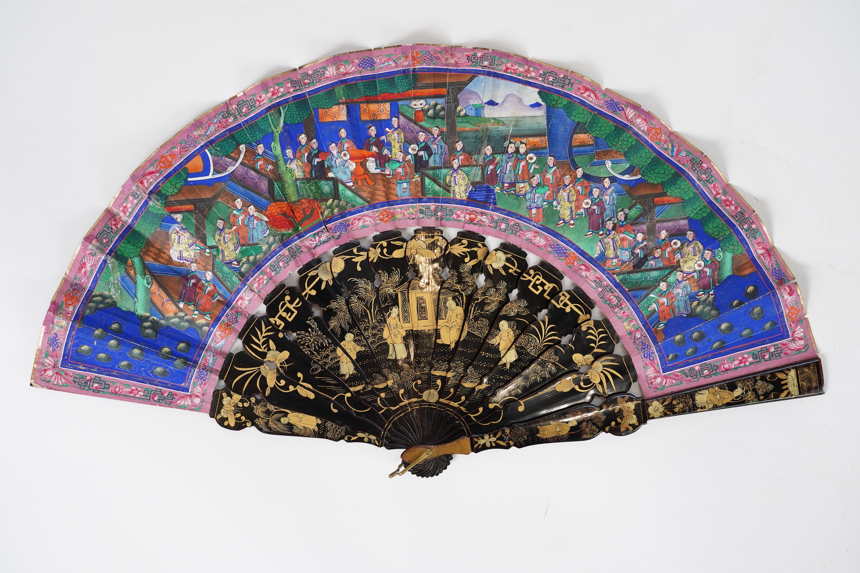 Three Chinese gilt-decorated black lacquer and painted leaf fans, 19th century